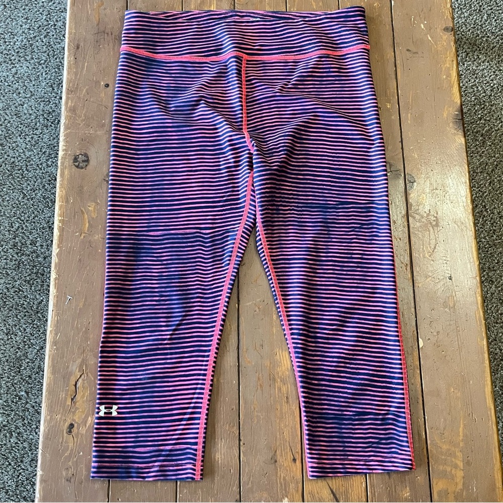 Under Armour HeatGear compression capri leggings in a navy and pink stripes